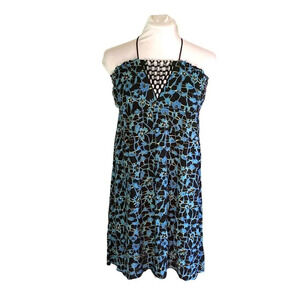 𝅺Free‎ People Beaded Halter Dress, Black and Blue Floral Pattern, Size Medium